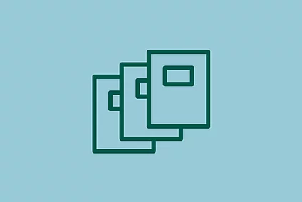 An image shows a graphic icon of three magazines on blue background