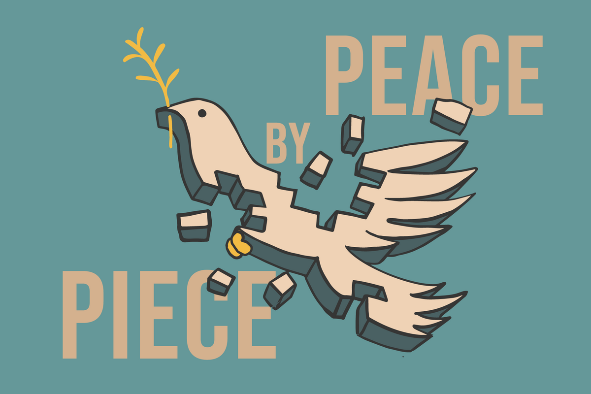 An image shows a peace dove in pieces over the headline 'Peace by Piece'