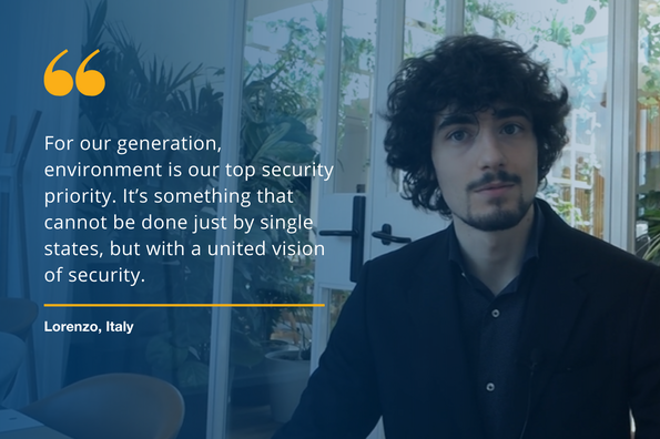 Portrait of a young participant stating: "For our generation, environment is our top security priority. It’s something that cannot be done just by single states, but with a united vision of security."