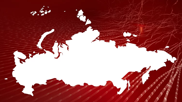 An image shows the outline of the map of Russia in front of abstract red background