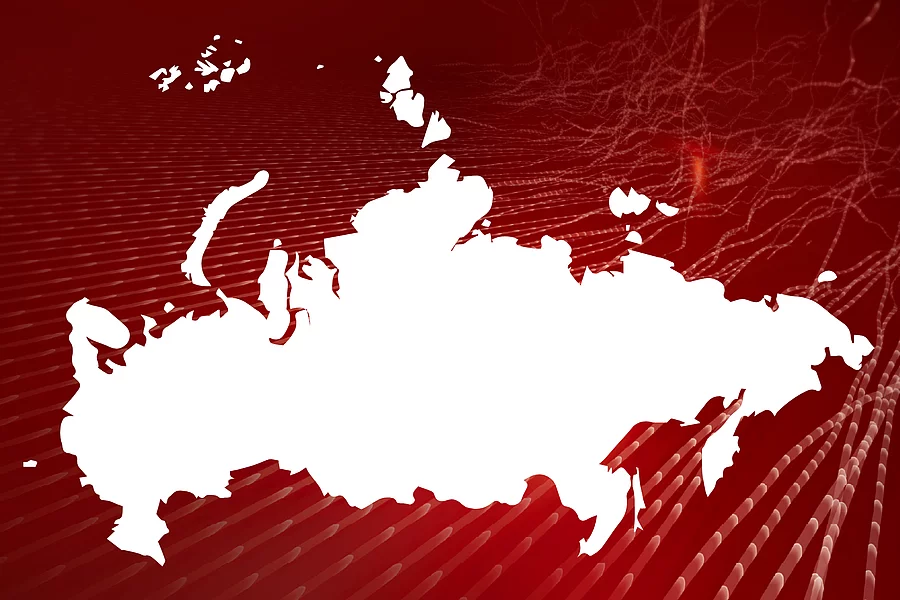 An image shows the outline of the map of Russia in front of abstract red background