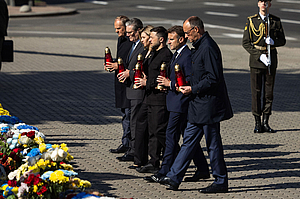 Poland's Prime Minister Donald Tusk British Prime Minister Sir Keir Starmer First Lady, Ukrainian President Volodymyr Zelensky French President Emmanuel Macron German Chancellor Friedrich Merz Volodymyr Zelenskyy, President of Ukraine and European Leaders in Events within the Coalition of the Willing on May 10, 2025 in Kiev, Ukraine. 