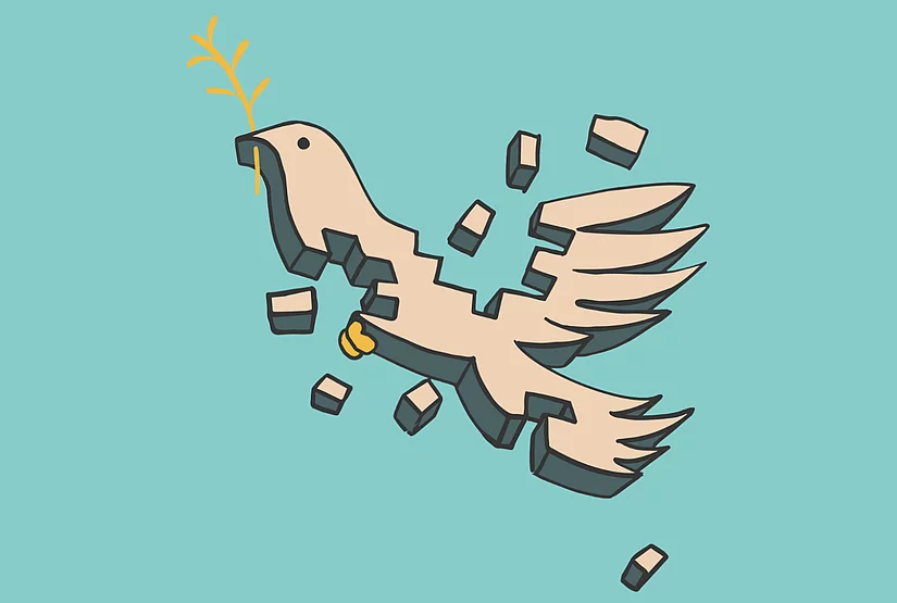 An image shows a graphic icon of a peace dove shattered into pieces