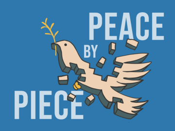 An image shows a peace dove in pieces over the headline 'Peace by Piece'