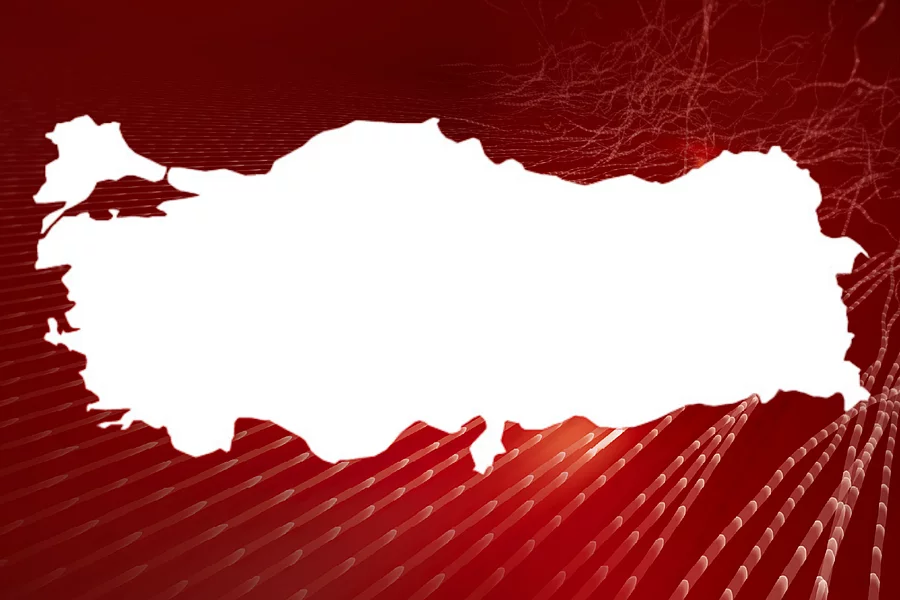 An image shows the outline of the map of Tuerkiye in front of abstract red background