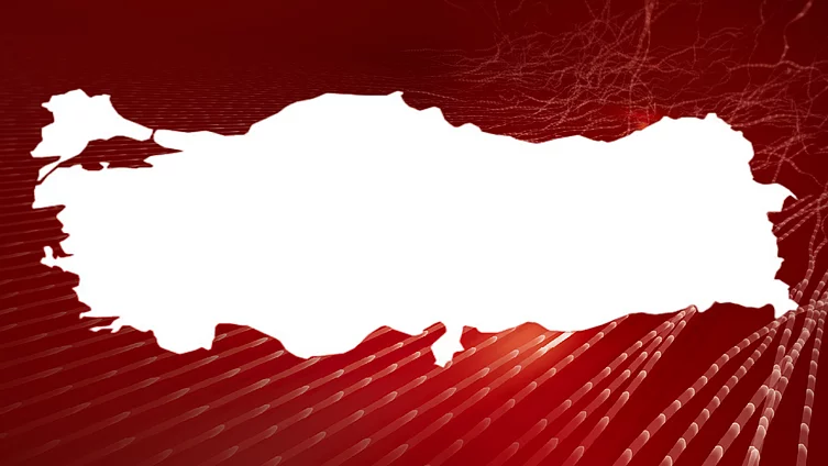 An image shows the outline of the map of Tuerkiye in front of abstract red background