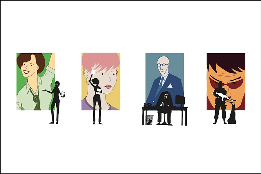 A decorative graphic illustration shows several people in front of images, pursuing different activities.