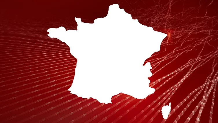 An image shows the outline of the map of France in front of abstract red background