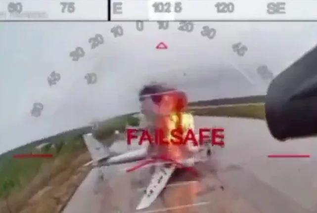 Screen shot of FPV showing Ukraine large-scale drone attack against Russian military bombers in Siberia, striking more than 40 warplanes thousands of kilometres from its own territory on Sunday June 1, 2025. Some of the destroyed aircrafts appeared to be Tu-95 strategic bombers, on fire after the drone strikes.