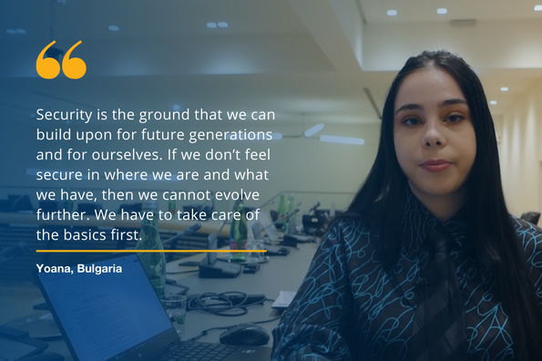 Portrait of a young participant stating: "Security is the ground that we can build upon for future generations and for ourselves. If we don’t feel secure in where we are and what we have, then we cannot evolve further. We have to take care of the basics first."