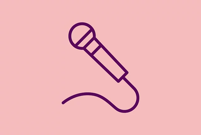 An image shows a graphic icon of a hand-held microphone against a light red background