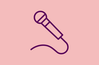 An image shows a graphic icon of a hand-held microphone against a light red background