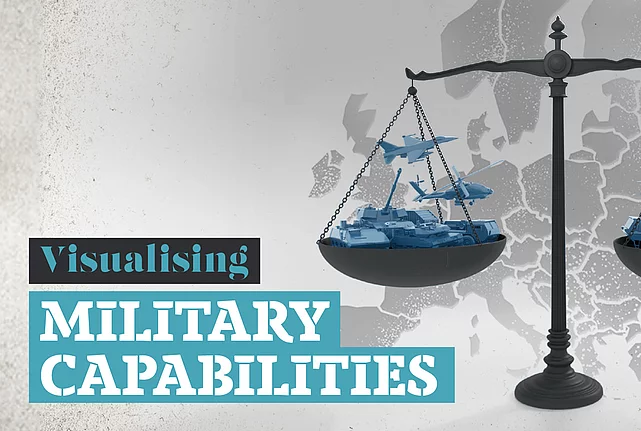Project illustration, Balance scale with military equipment over a map of Europe
