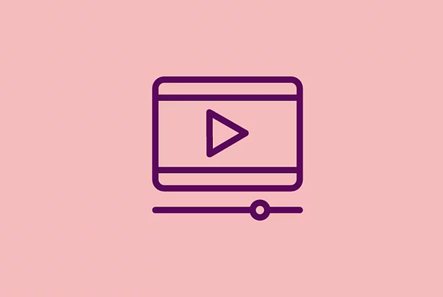 An image shows a graphic icon of a video play signal on light red background