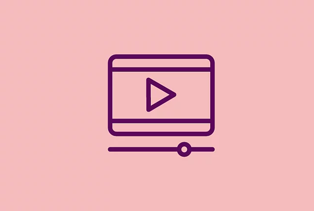 An image shows a graphic icon of a video play signal on light red background