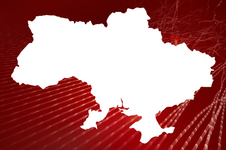 An image shows the outline of the map of Ukraine in front of abstract red background