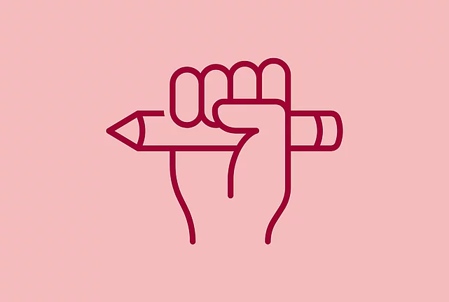 An image shows a graphic icon of a hand holding a pen in a fist, on light red background