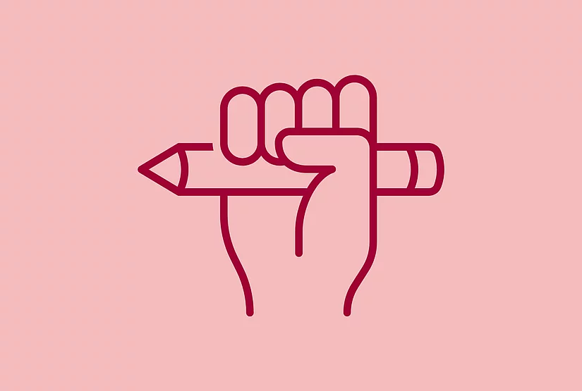 An image shows a graphic icon of a hand holding a pen in a fist, on light red background