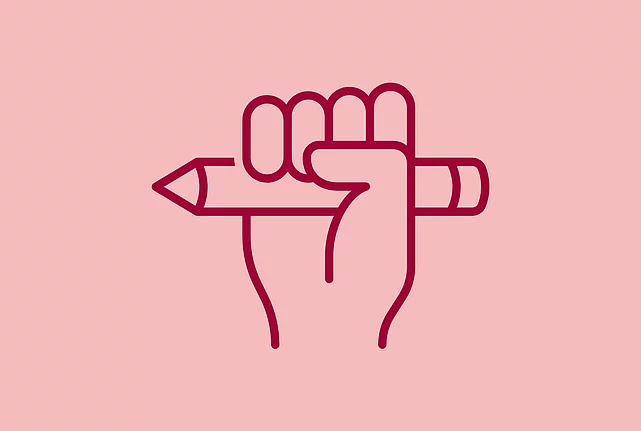 An image shows a graphic icon of a hand holding a pen in a fist, on light red background