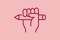 An image shows a graphic icon of a hand holding a pen in a fist, on light red background