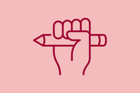 An image shows a graphic icon of a hand holding a pen in a fist, on light red background