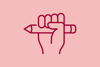 An image shows a graphic icon of a hand holding a pen in a fist, on light red background