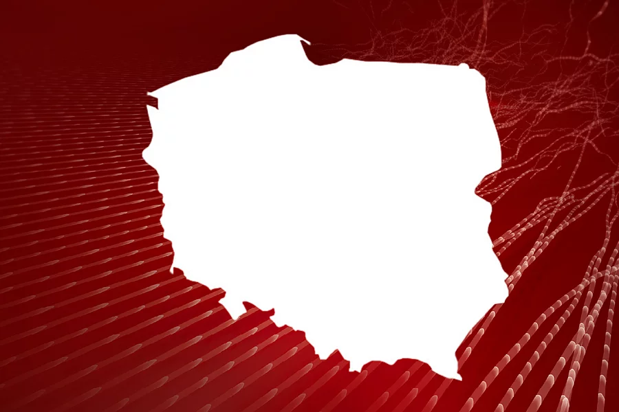 An image shows the outline of the map of Poland in front of abstract red background